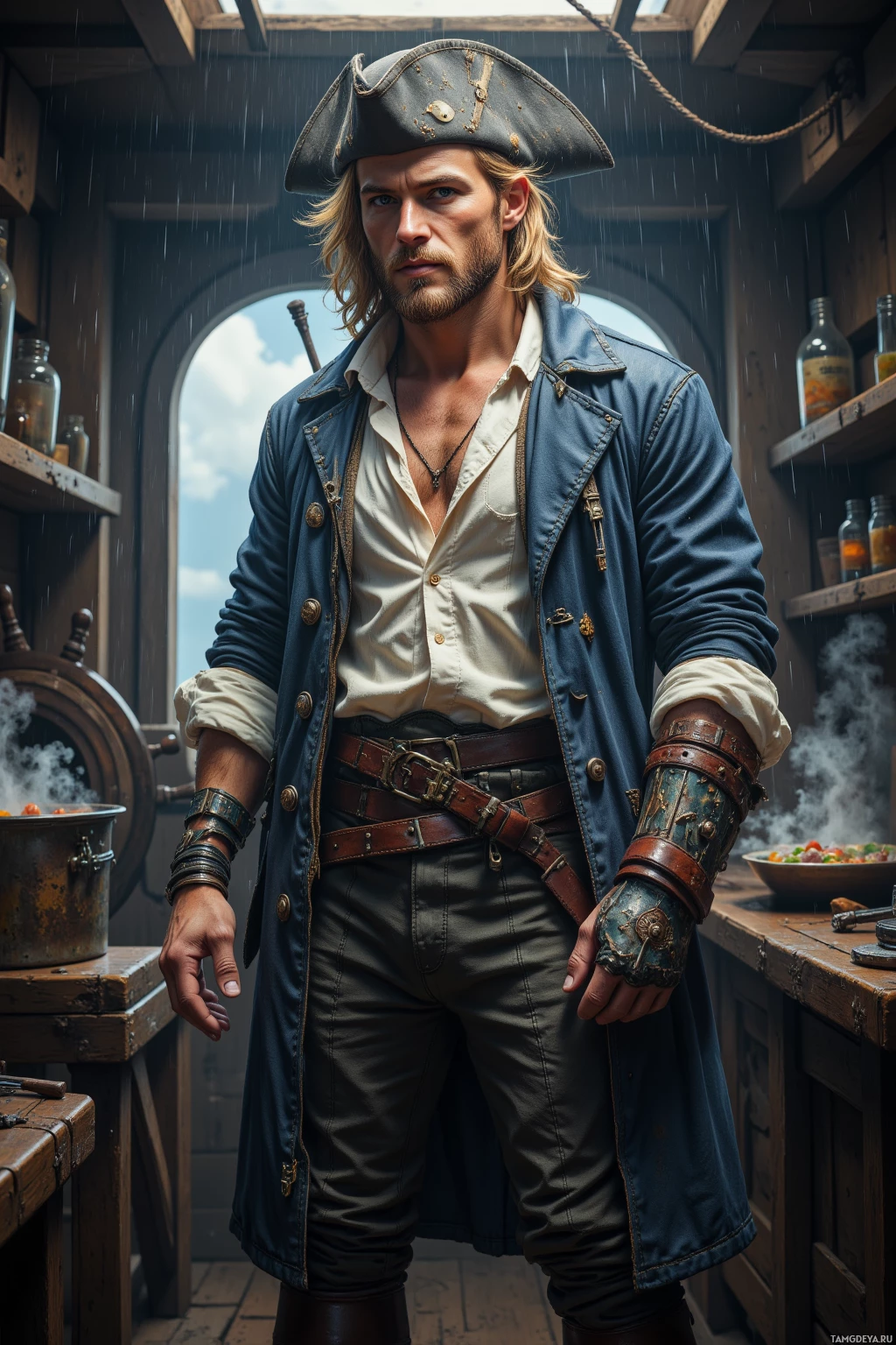 Realistic high quality photo. A daring sea captain, male, 29, ruggedly handsome, sun‑kissed blonde hair, piercing blue eyes, fair complexion, wearing a loose white shirt, long weathered coat open to reveal his chest, breeches, a slightly askew tricorn hat, and a finely crafted mechanical arm, standing in a storm‑swept ship’s galley with steaming pots of stew, a wooden helm behind him, and rain‑slick deck visible through a porthole.