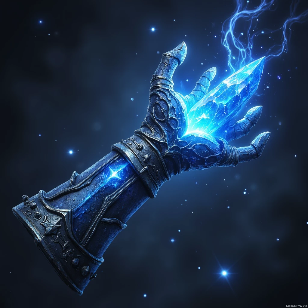 Сияющая голубая рука со сложной гравировкой и ярким светом, исходящим из ладони.
