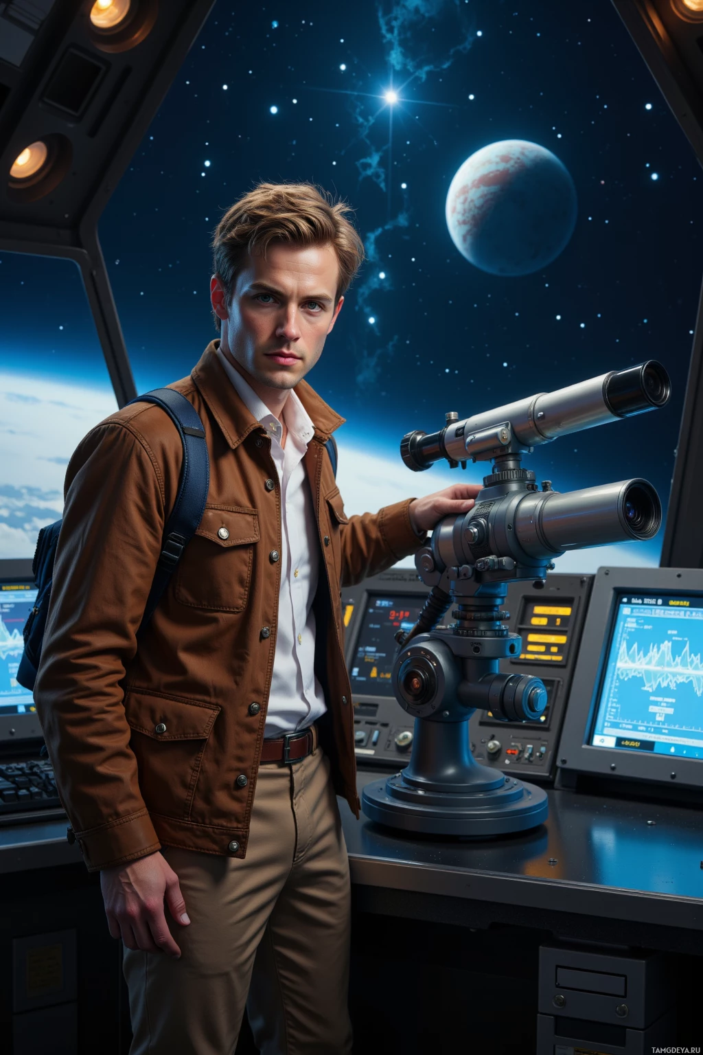 Человек стоит в футуристической диспетчерской с видом на космос и телескопом.