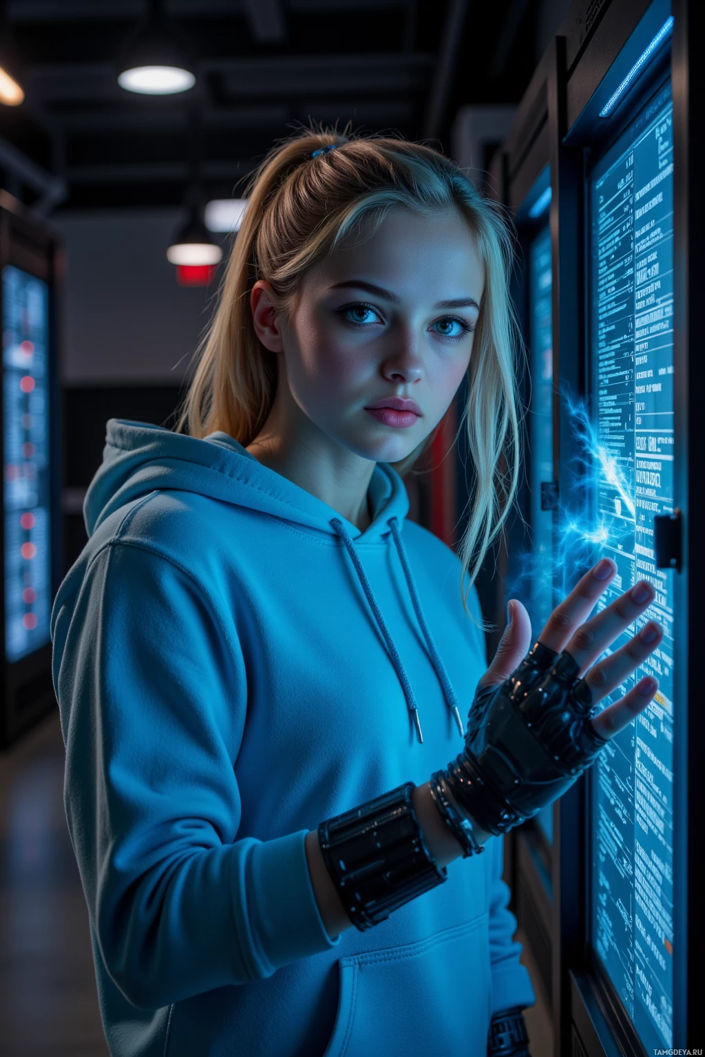 Человек в толстовке стоит в полумраке комнаты, взаимодействуя с светящимся интерфейсом.