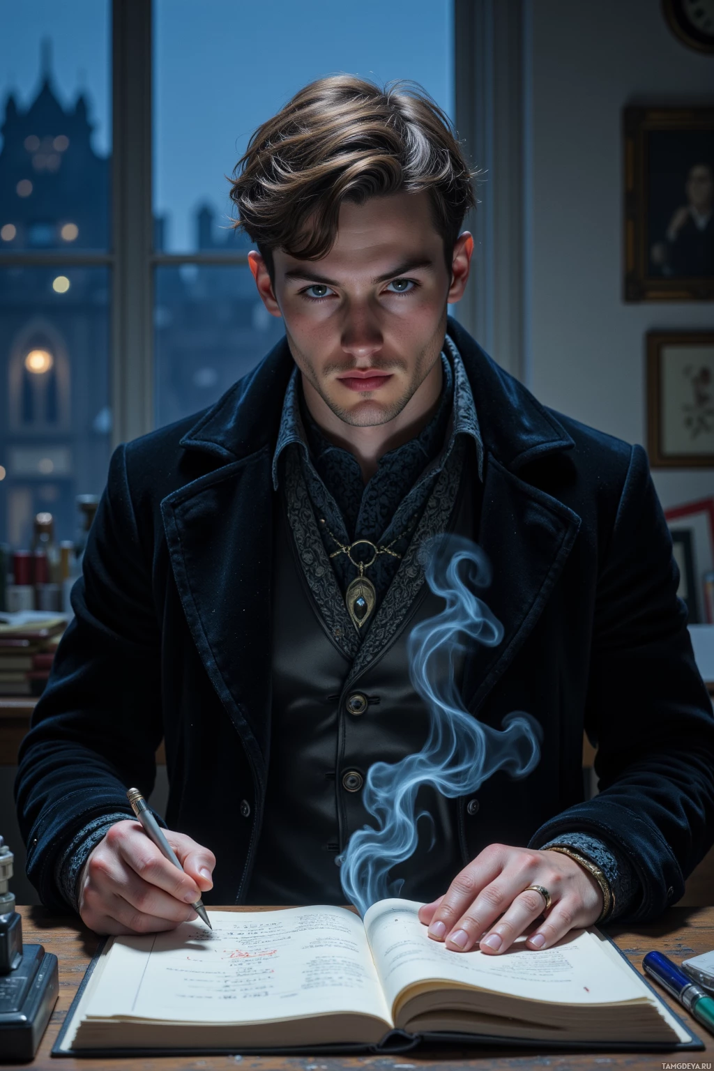 Мужчина в темном пальто сидит за столом и пишет гусиным пером в блокноте, над чернильницей поднимается дым.