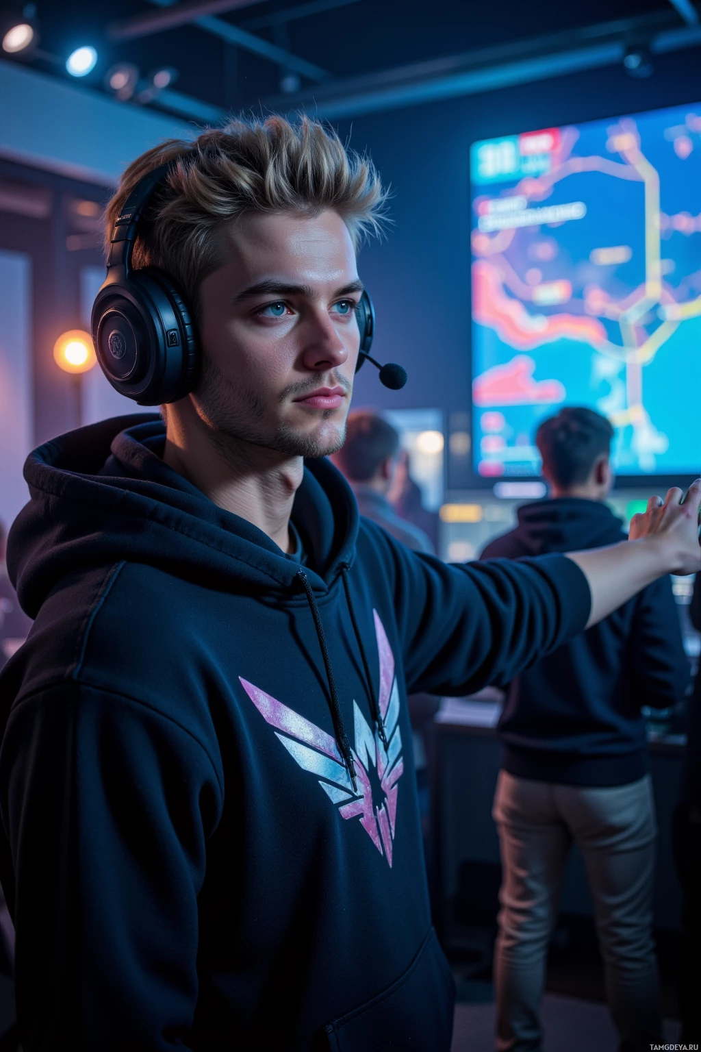 Человек в черном худи и наушниках стоит в комнате, на заднем плане виден большой экран.