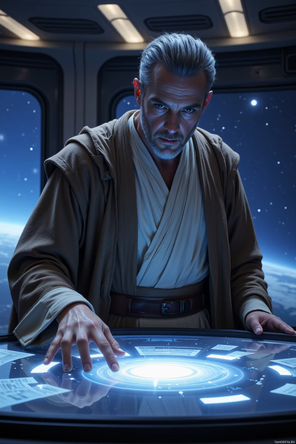 Человек в бежевом халате стоит в футуристичном окружении, взаимодействуя с светящейся, высокотехнологичной панелью.