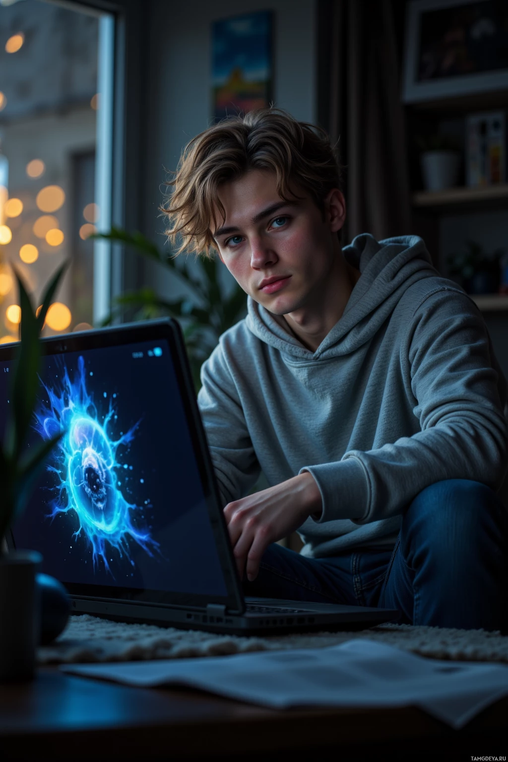 Молодой человек сидит за столом с ноутбуком, на экране которого отображается абстрактное синее изображение, в уютной домашней обстановке.