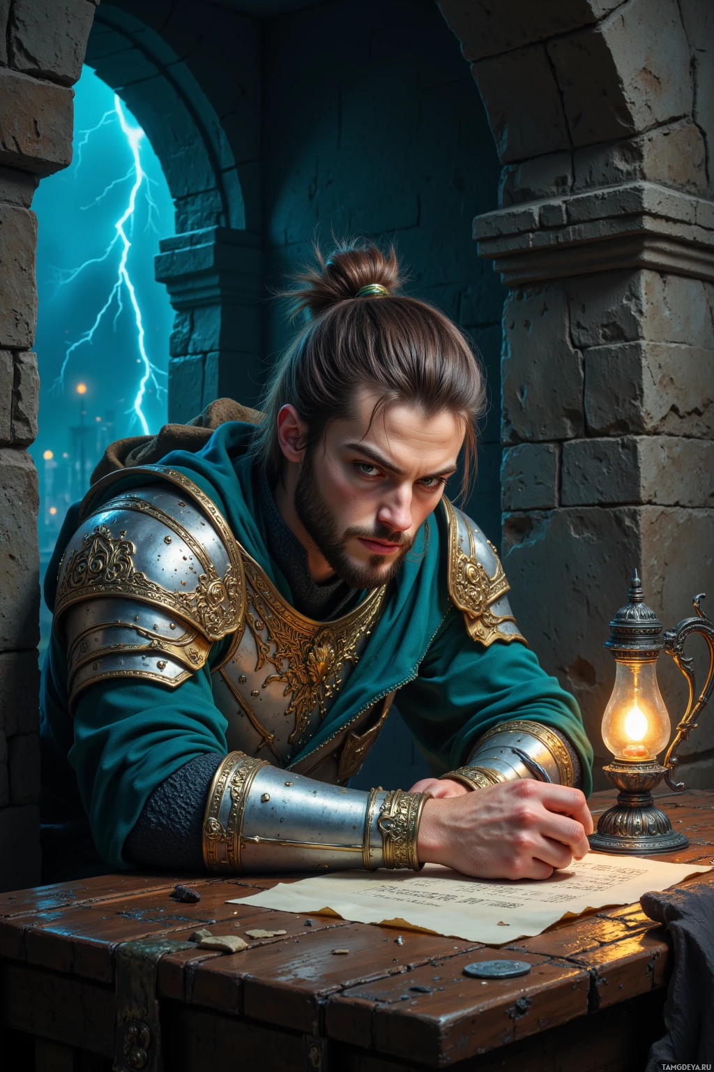 Мужчина в средневековых доспехах, прислонившись к столу, смотрит на документ, освещенный лампой.