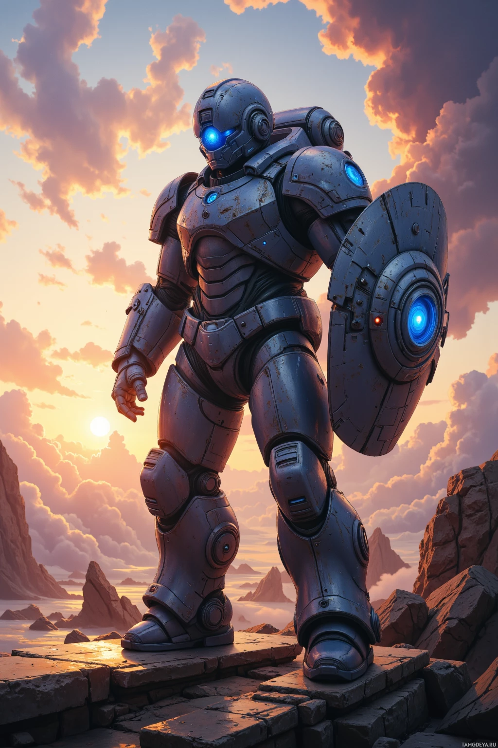 Массивный бронированный робот возвышается на каменистой местности на фоне яркого заката.