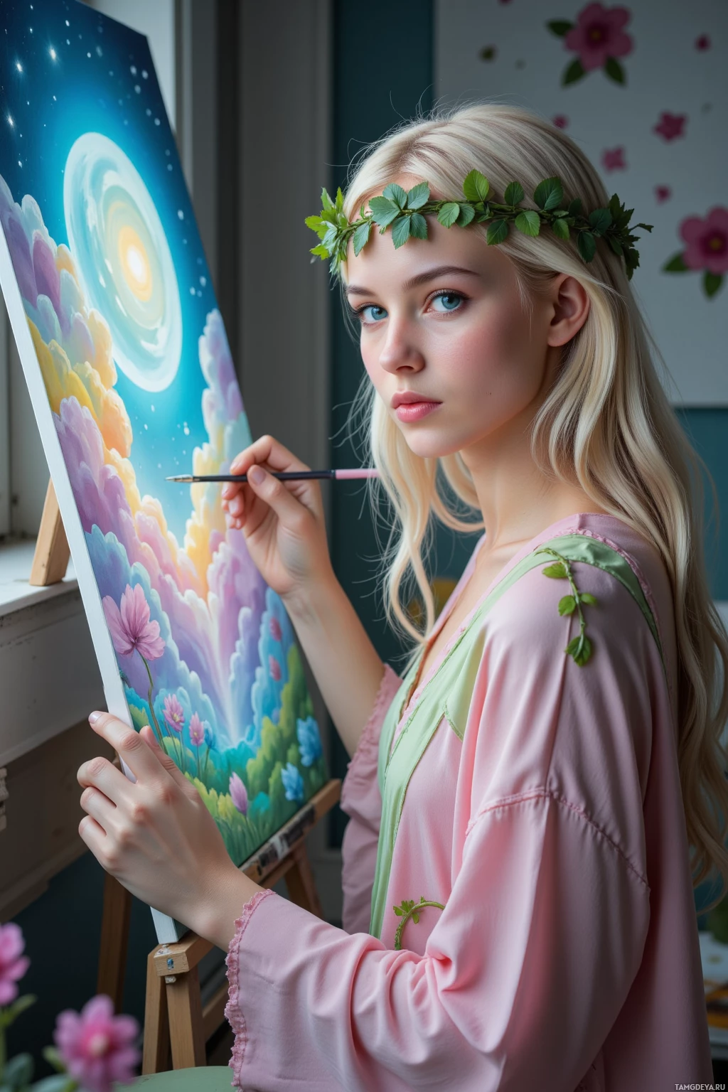 Человек в венце из листьев рисует яркий, красочный пейзаж на мольберте.