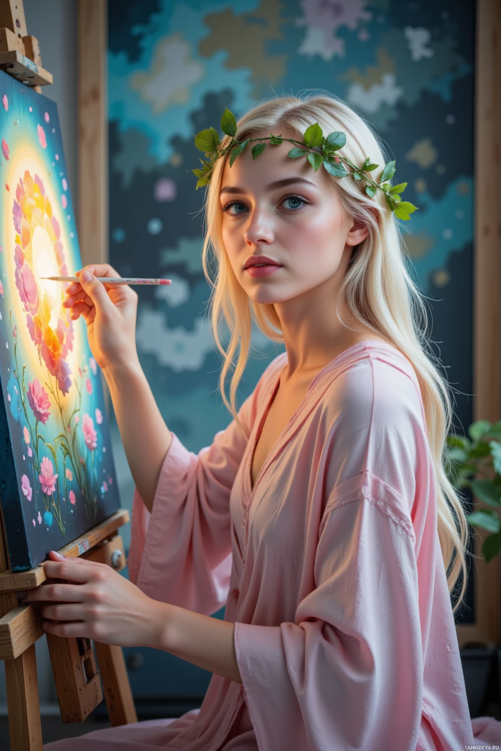 Женщина в венке из цветов рисует яркую картину с цветами на мольберте.