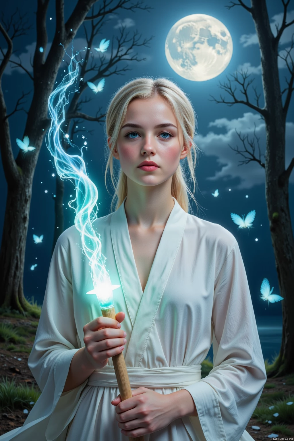 Женщина в белом одеянии держит светящийся посох, окруженная мистическим лесом, залитым светом полной луны.