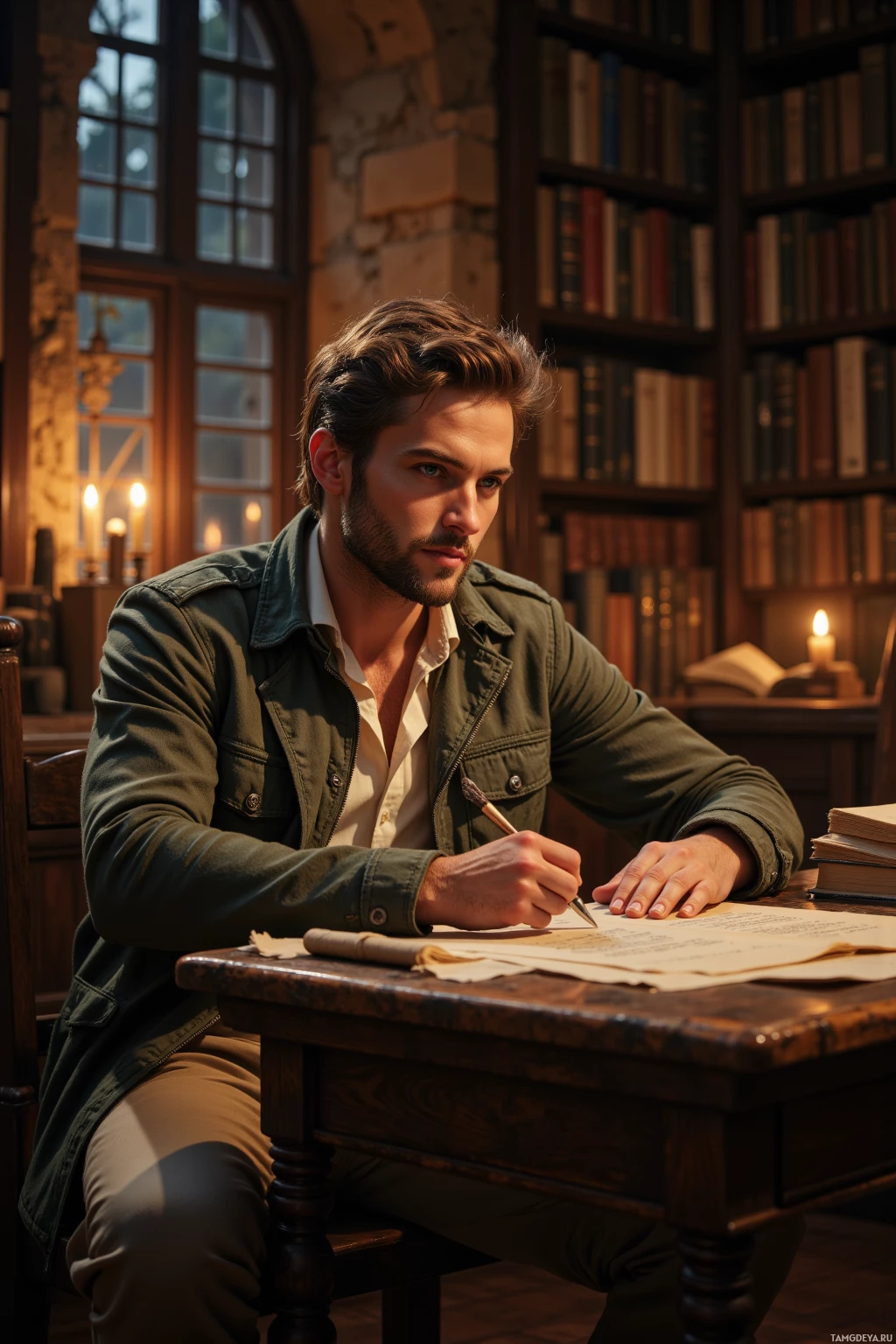 Мужчина сидит за столом в библиотеке и пишет пером.