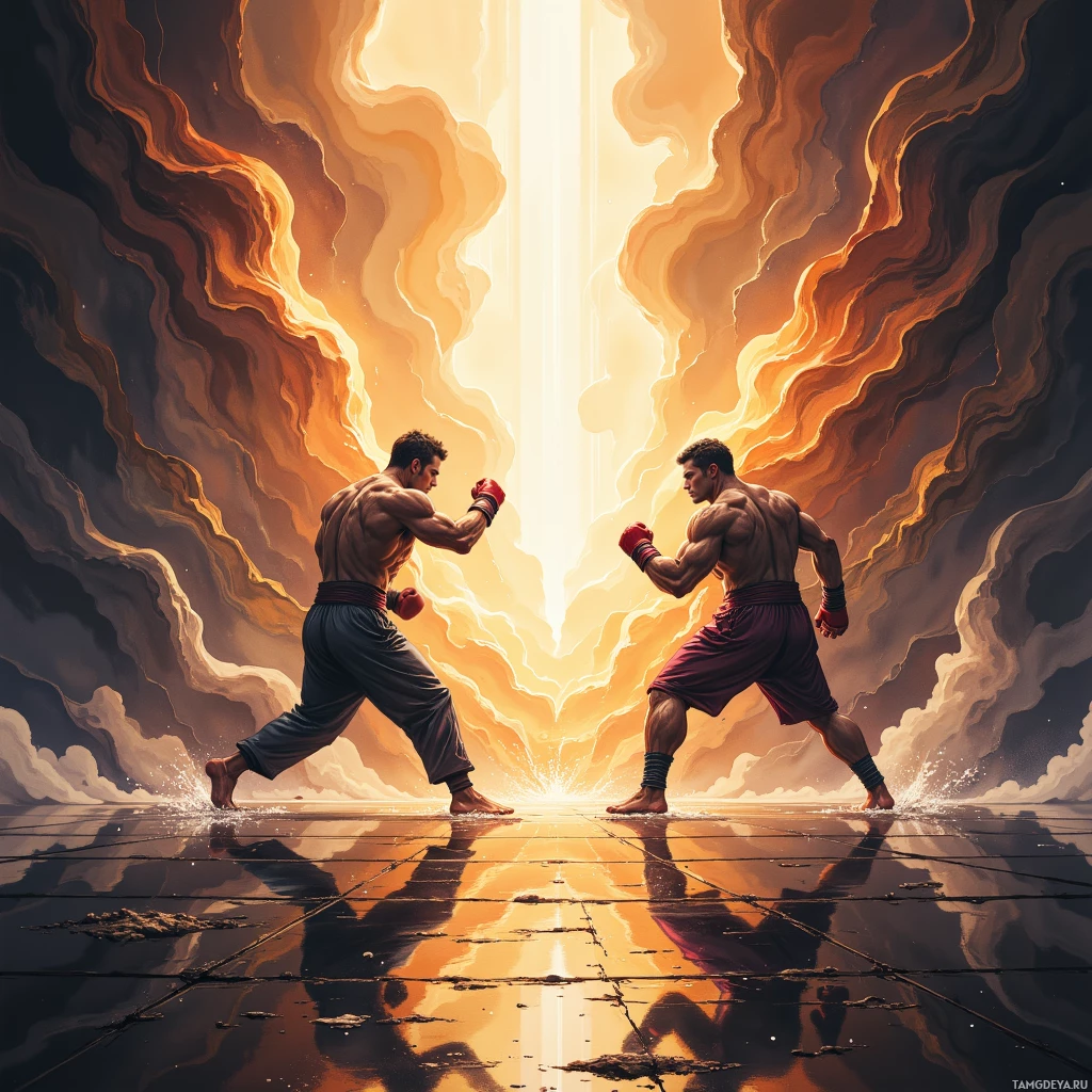 Два накаченных боксера стоят друг напротив друга на фоне бушующей, огненной стихии.
