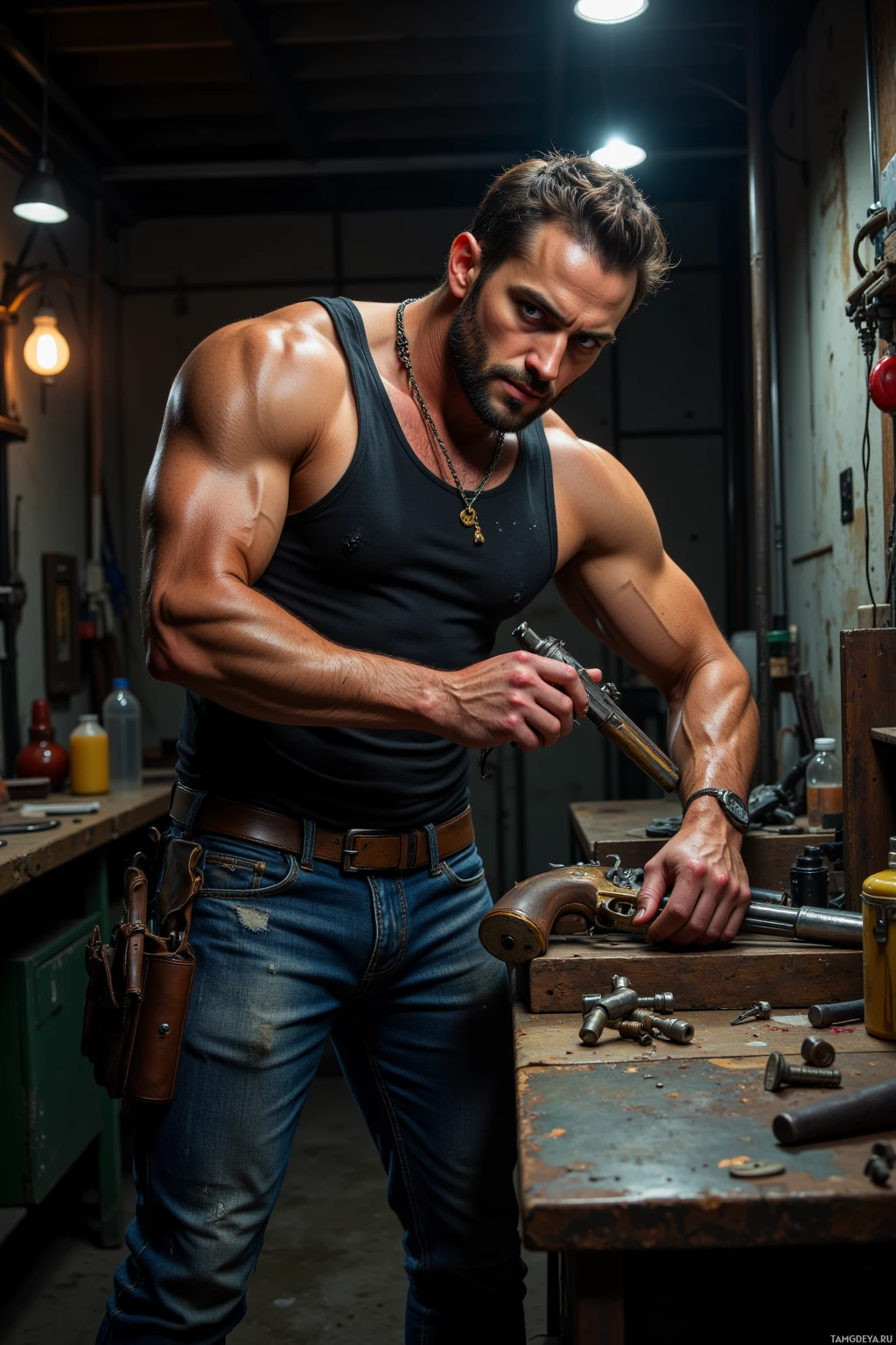 Мужчина в майке и джинсах, смуглый и мускулистый, стоит в мастерской, держа в руках револьвер.