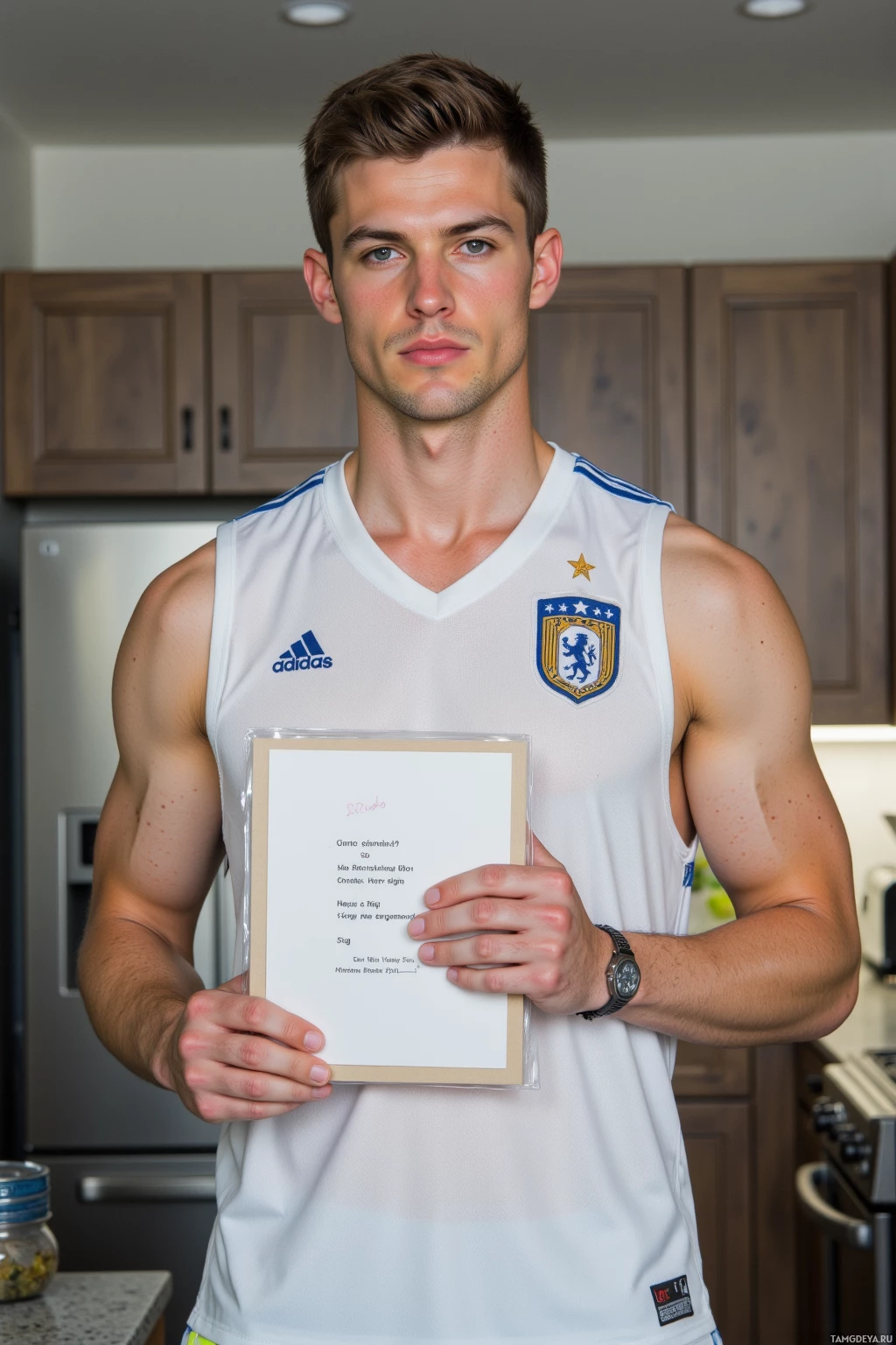 Человек в белой спортивной форме держит в руках оформленный документ на кухне.