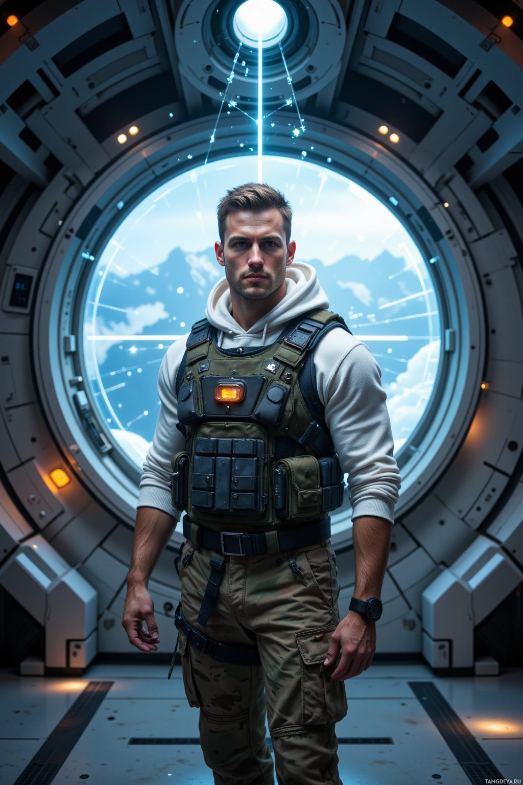 Человек в футуристическом скафандре стоит в высокотехнологичной обстановке, на заднем плане – круглое окно.
