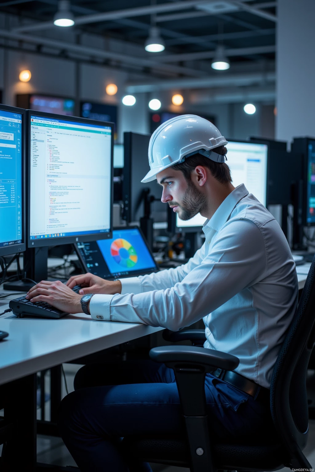 Человек в белом каске работает за столом с несколькими мониторами в современном офисе.