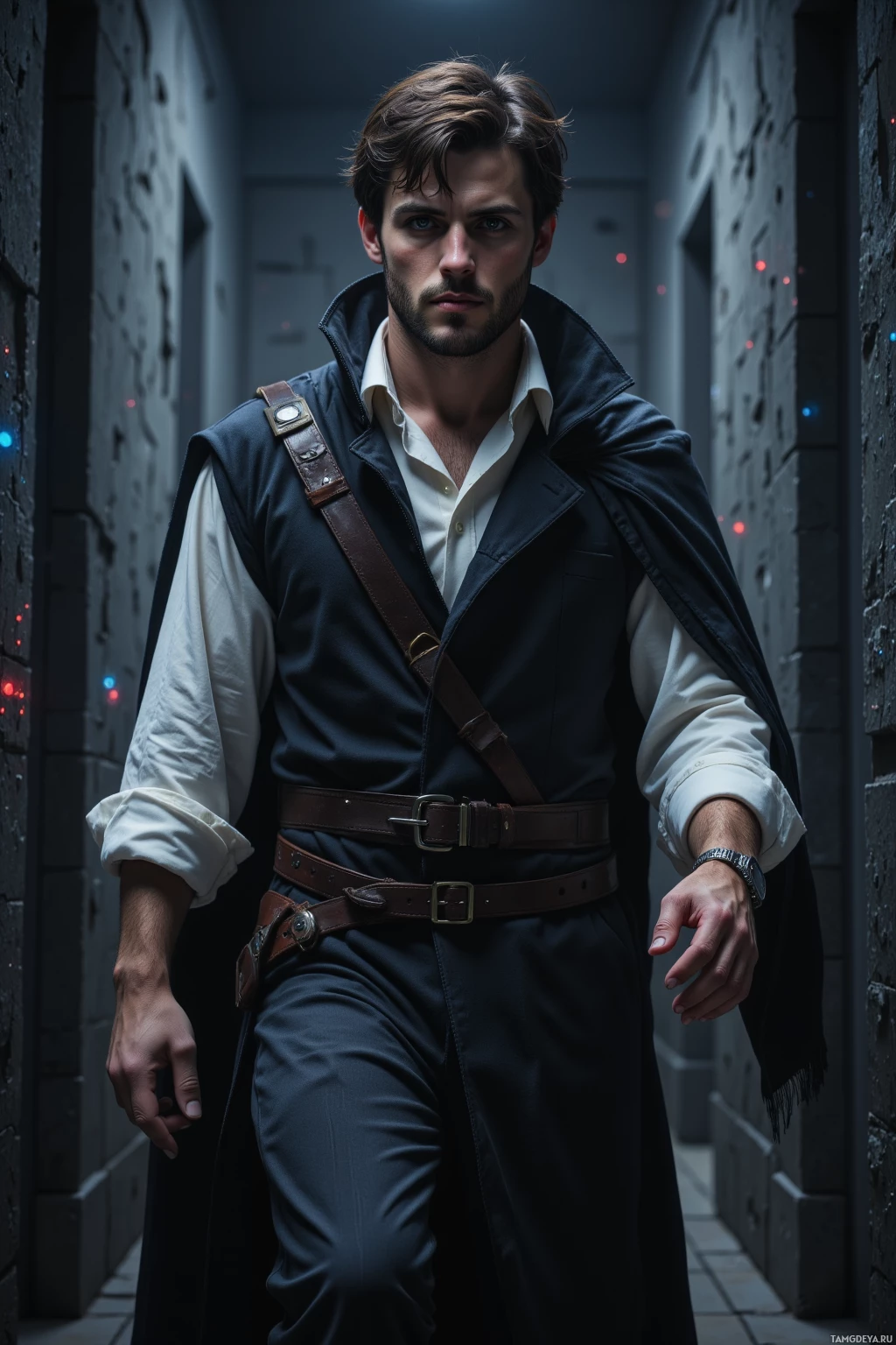 Realistic high quality photo. A male 30‑year‑old with messy dark brown hair, deep brown eyes, strong jawline, wearing a worn black cloak over a white billowy‑sleeved shirt, dark trousers, silver watch, tracing the last pixel of a hidden VR corridor at night, footsteps echoing in floating code and glitching darkness.