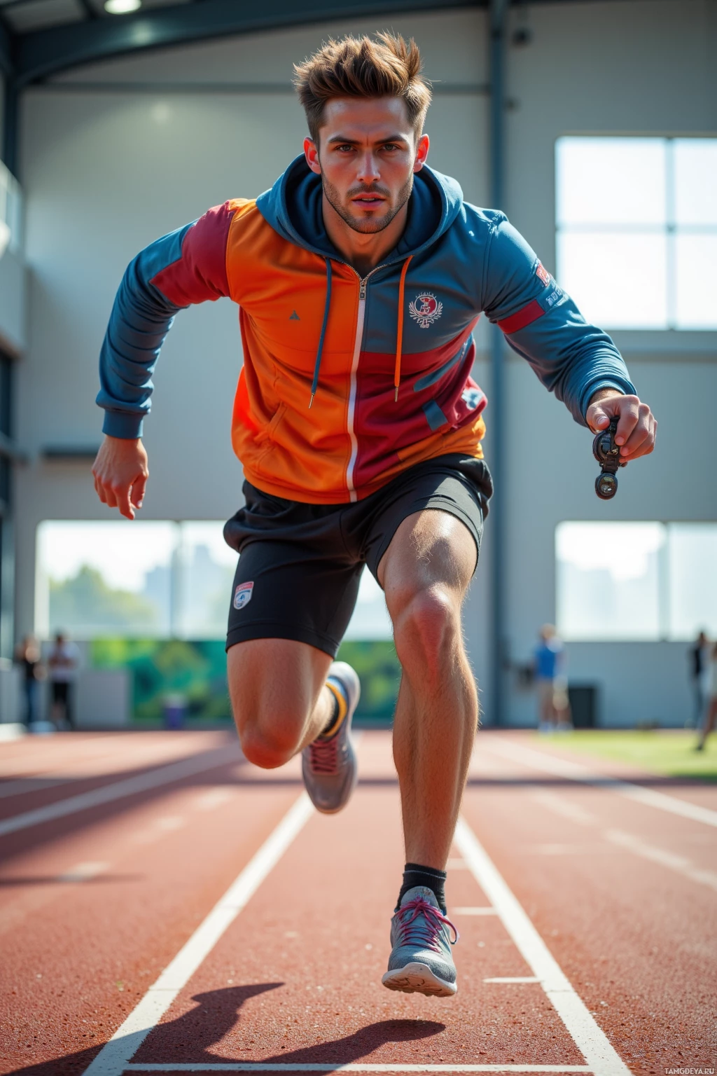 Мужской спортсмен в яркой толстовке бежит по беговым дорожкам.