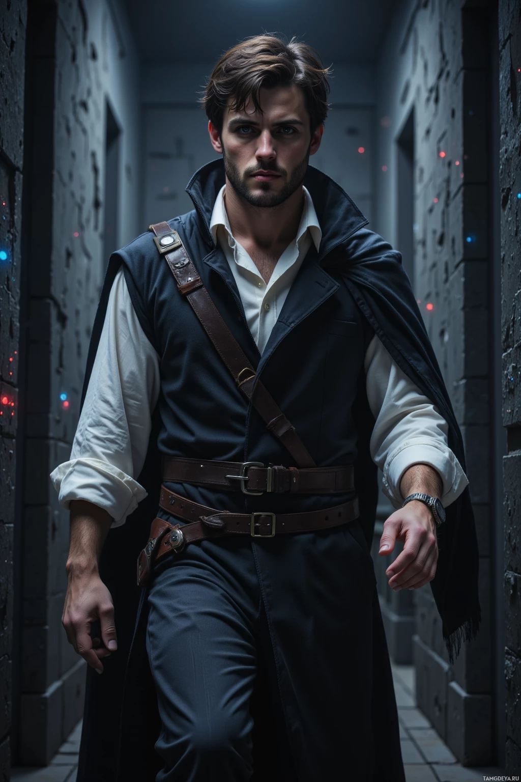 Мужчина в темной одежде, белой рубашке и длинном пальто стоит в полумрачном коридоре.