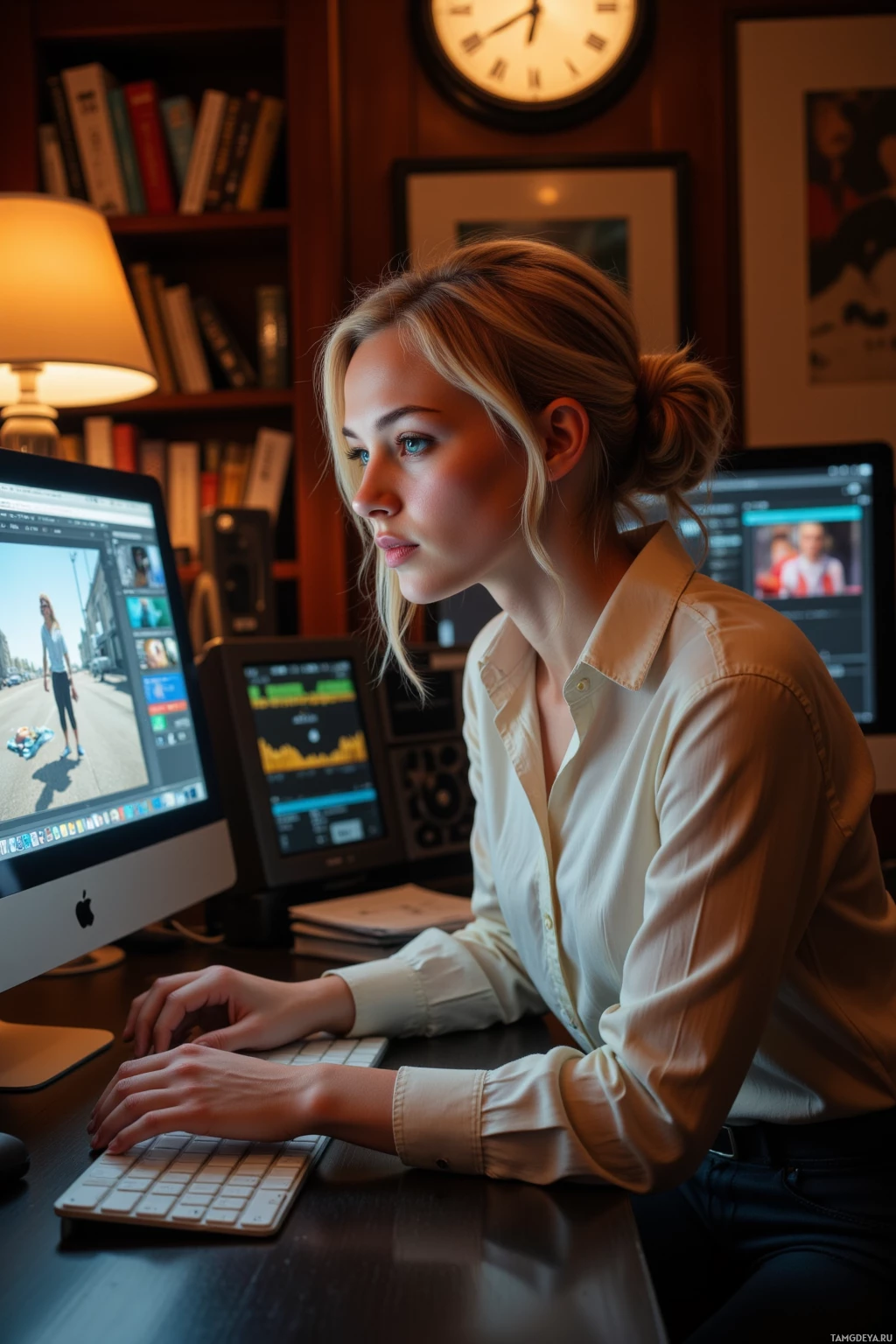 Женщина работает за столом с компьютером, вокруг – книги и часы.