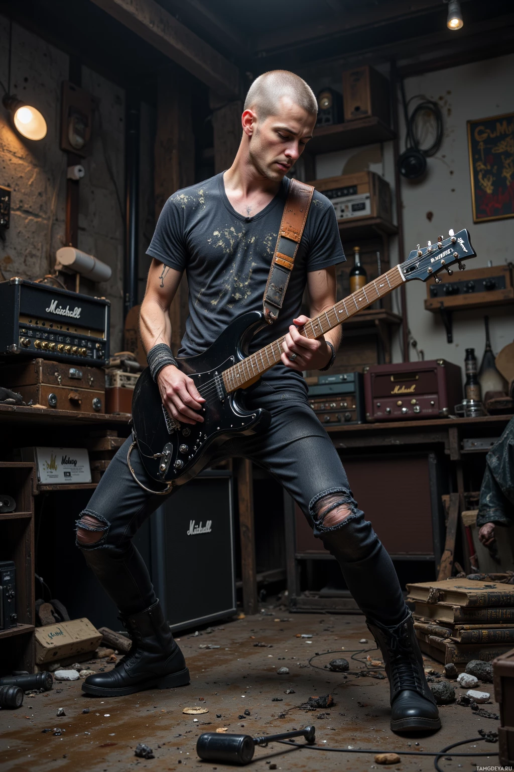 Музыкант играет на электрогитаре в старом, немного захламленном помещении, полном винтажного оборудования.