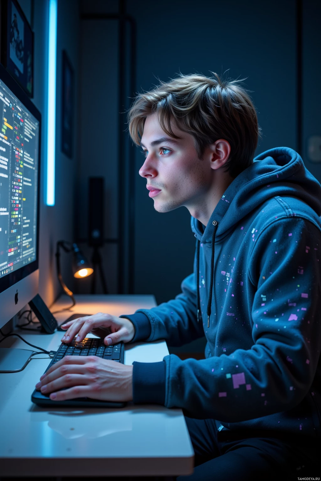 Человек в толстовке сидит за столом и работает за компьютером.