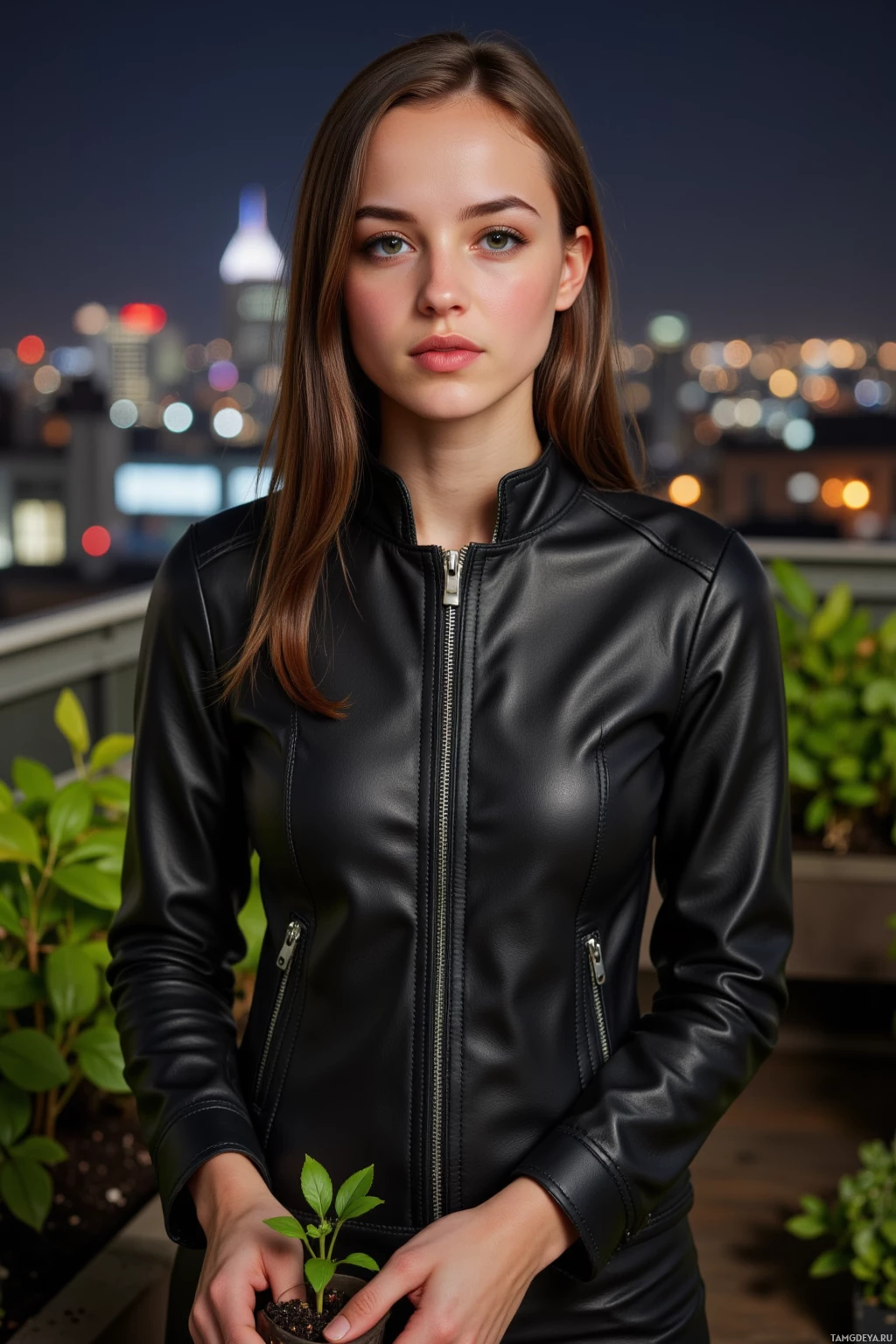 Человек в черной кожаной куртке стоит на крыше ночью, держа в руках небольшое растение.