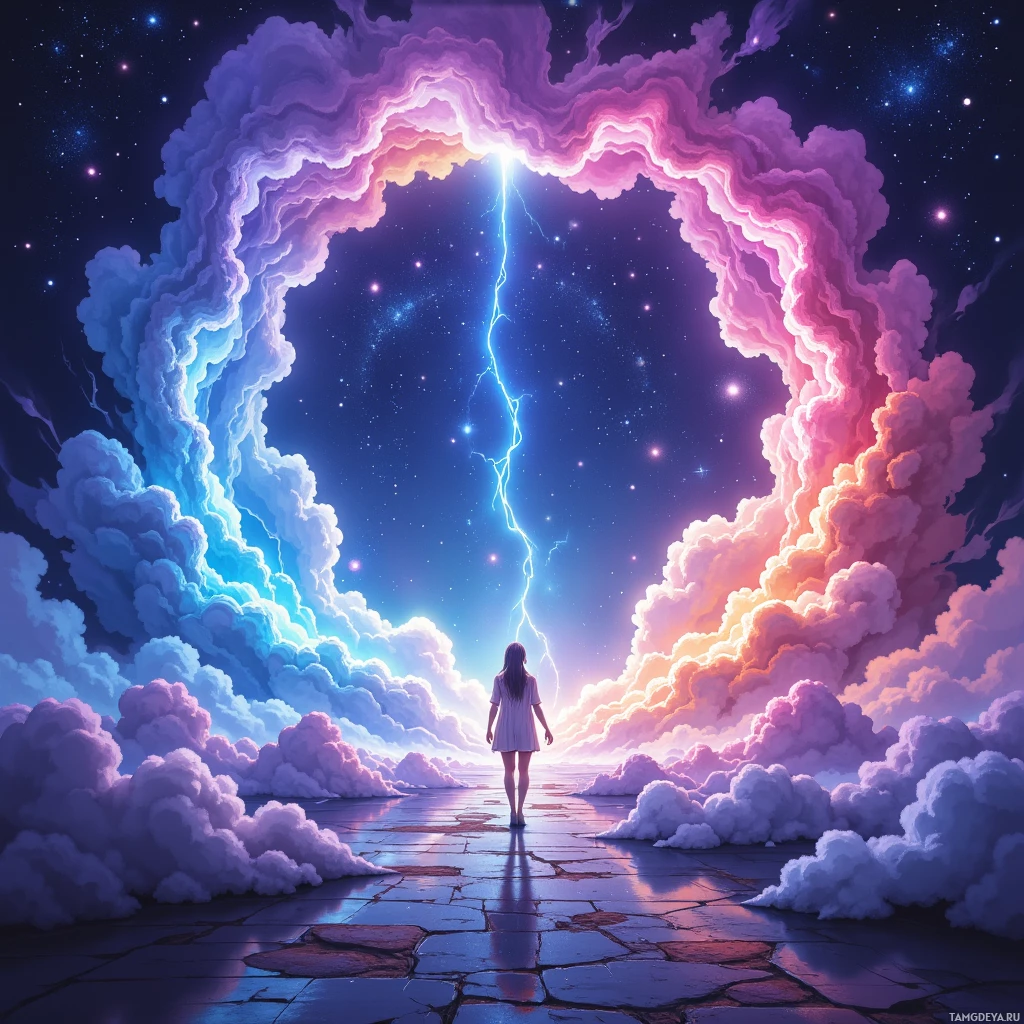 На тропинке стоит человек, ведущей к живописному, неземному порталу из облаков и молний на фоне звездного неба.