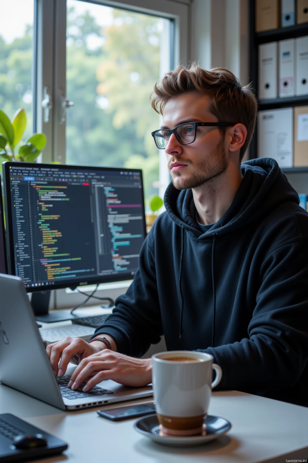 Человек в очках работает за столом с ноутбуком и монитором, на котором отображается код, рядом с ним чашка кофе.