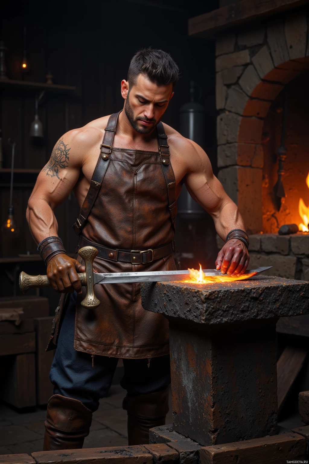 Realistic high quality photo. Strong, muscular blacksmith with short black hair and dark eyes, wearing a worn leather apron, heavy boots, soot‑stained gloves, calloused hands, holding a glowing hammer as he shapes a new blade on a bronze anvil inside a dim forge lit by warm orange fire, reflecting precision and tradition.