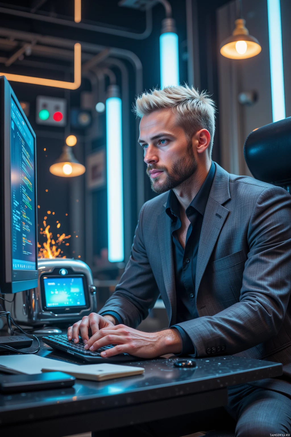 Мужчина в костюме работает за компьютером в современном офисе.