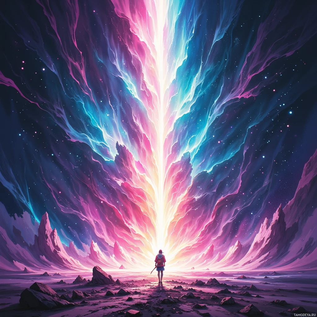 Одинокая фигура стоит перед ярким, космическим порталом, излучающим розовые и голубые оттенки.