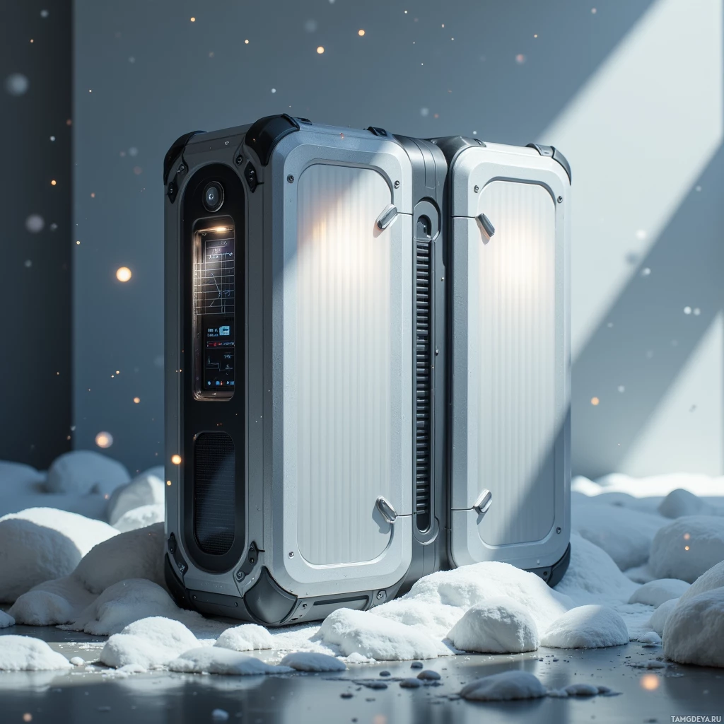 Посреди заснеженной земли стоит футуристический металлический чемодан с цифровым дисплеем.