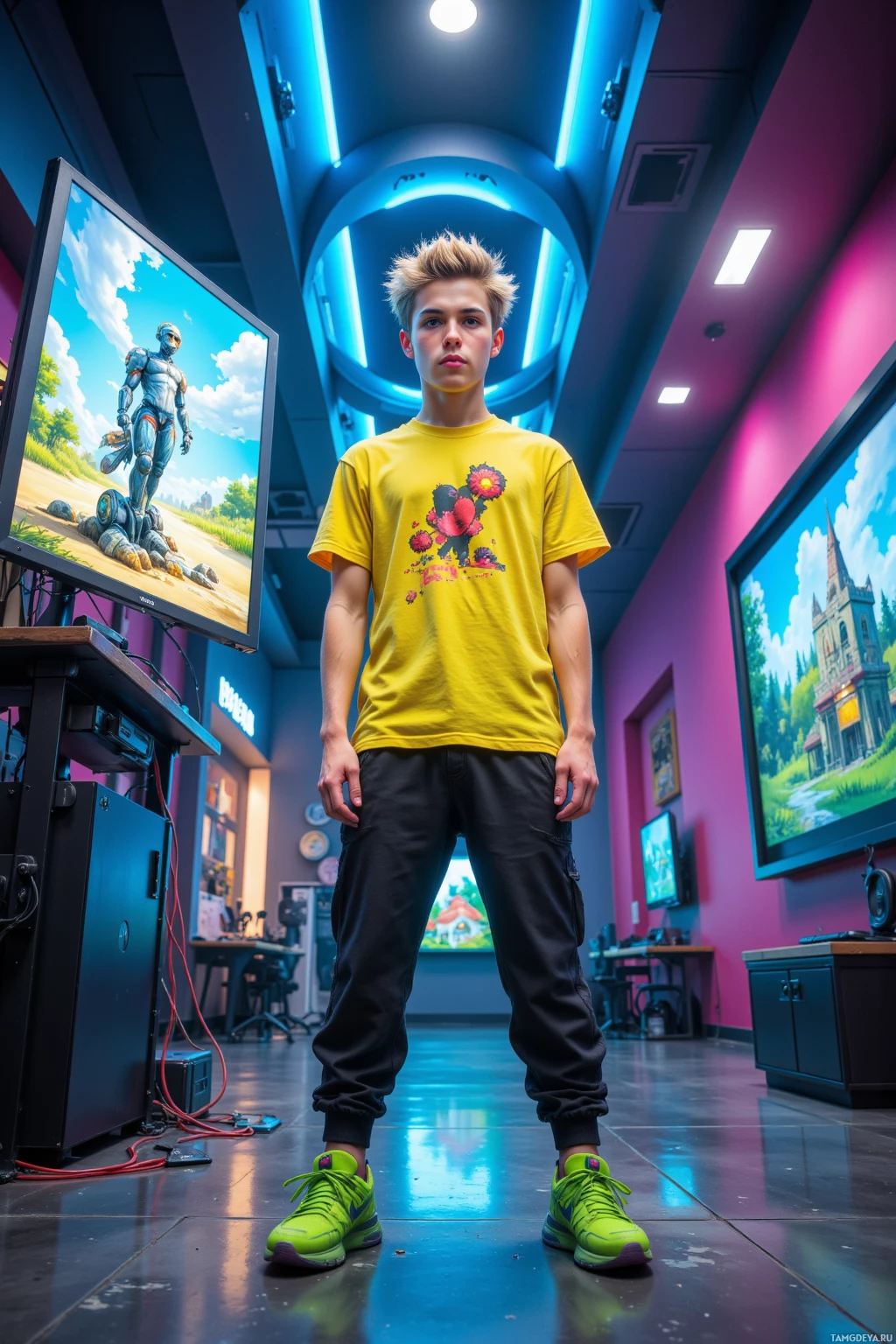 Молодой человек стоит в яркой игровой комнате с красочной подсветкой и мониторами, на которых отображаются игровые сцены.