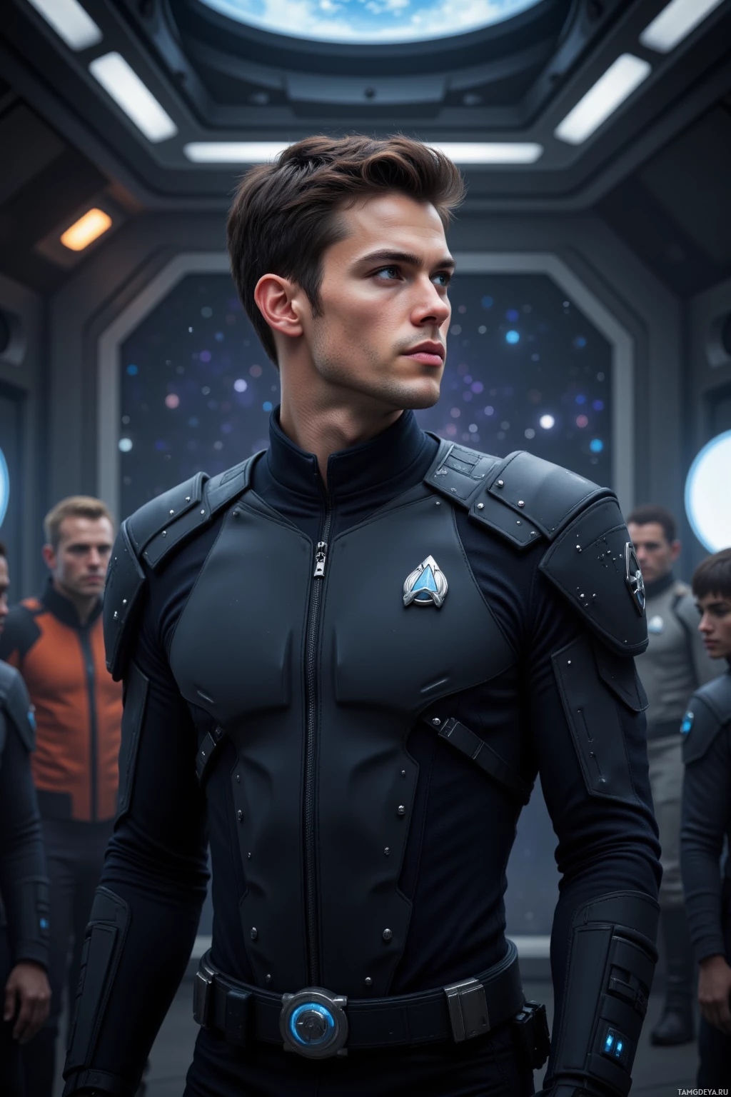 Человек в футуристическом черном обмундировании стоит в коридоре космической станции.