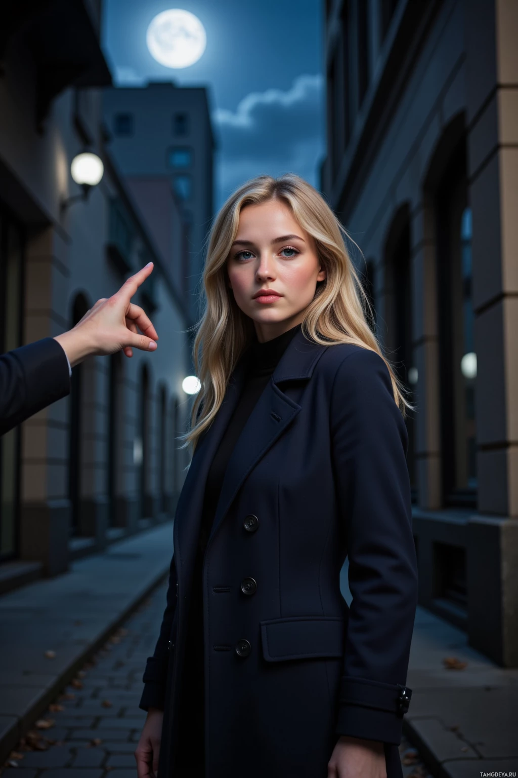 Человек в темном пальто стоит на мощеной улице ночью, под полной луной.