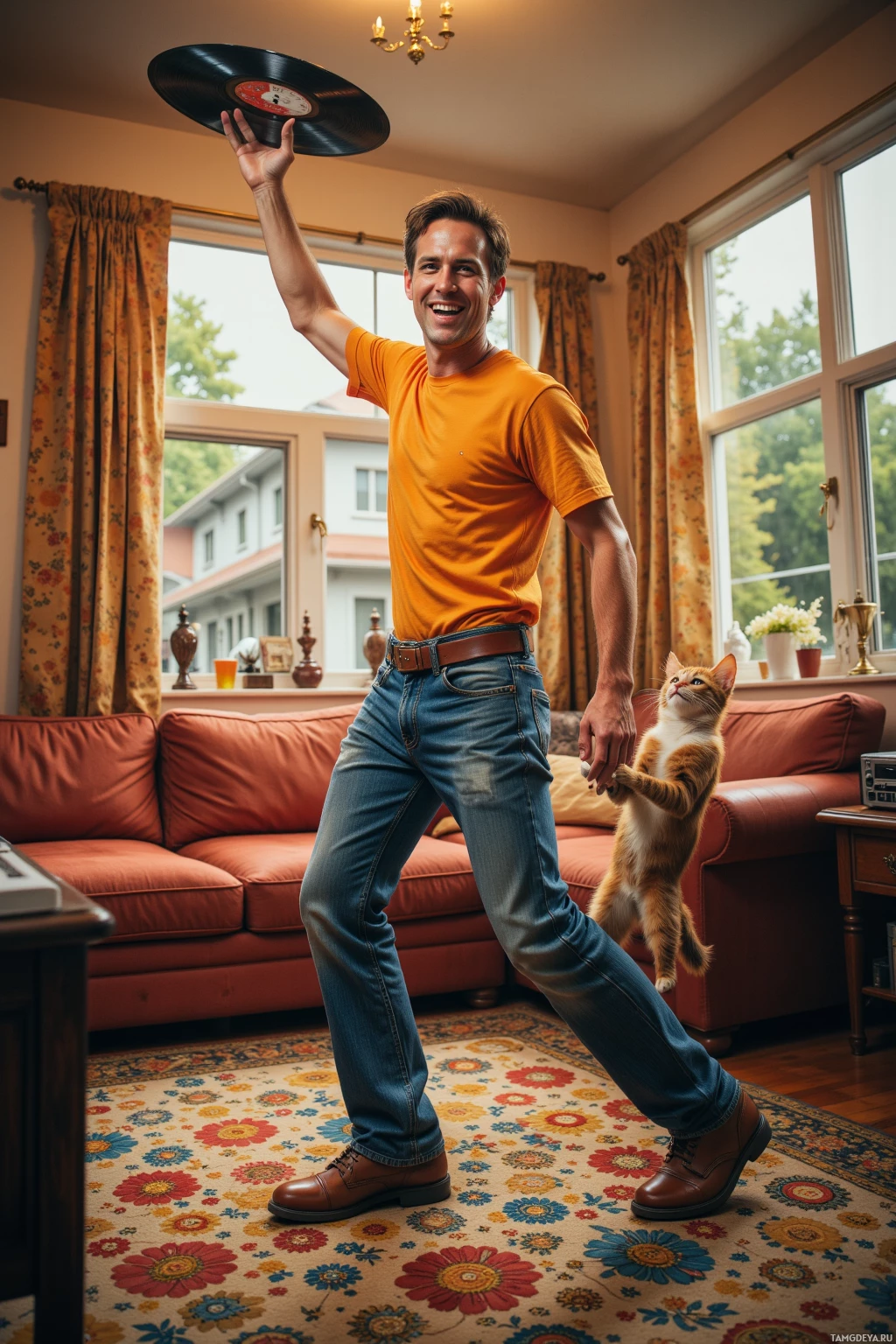 Мужчина в оранжевой рубашке и джинсах держит виниловую пластинку над головой, а кот стоит на задних лапах на ковре с узором.
