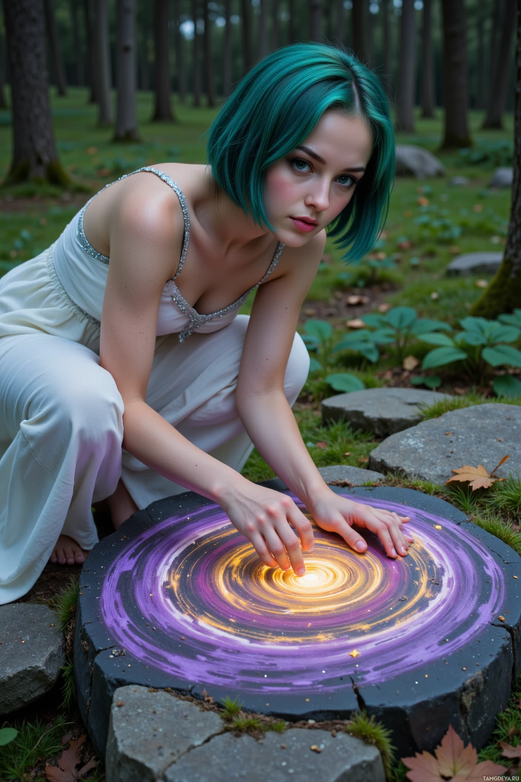 В лесу на пне, окруженном светящимся, завихряющимся узором, опустилась на колени девушка в белом платье.