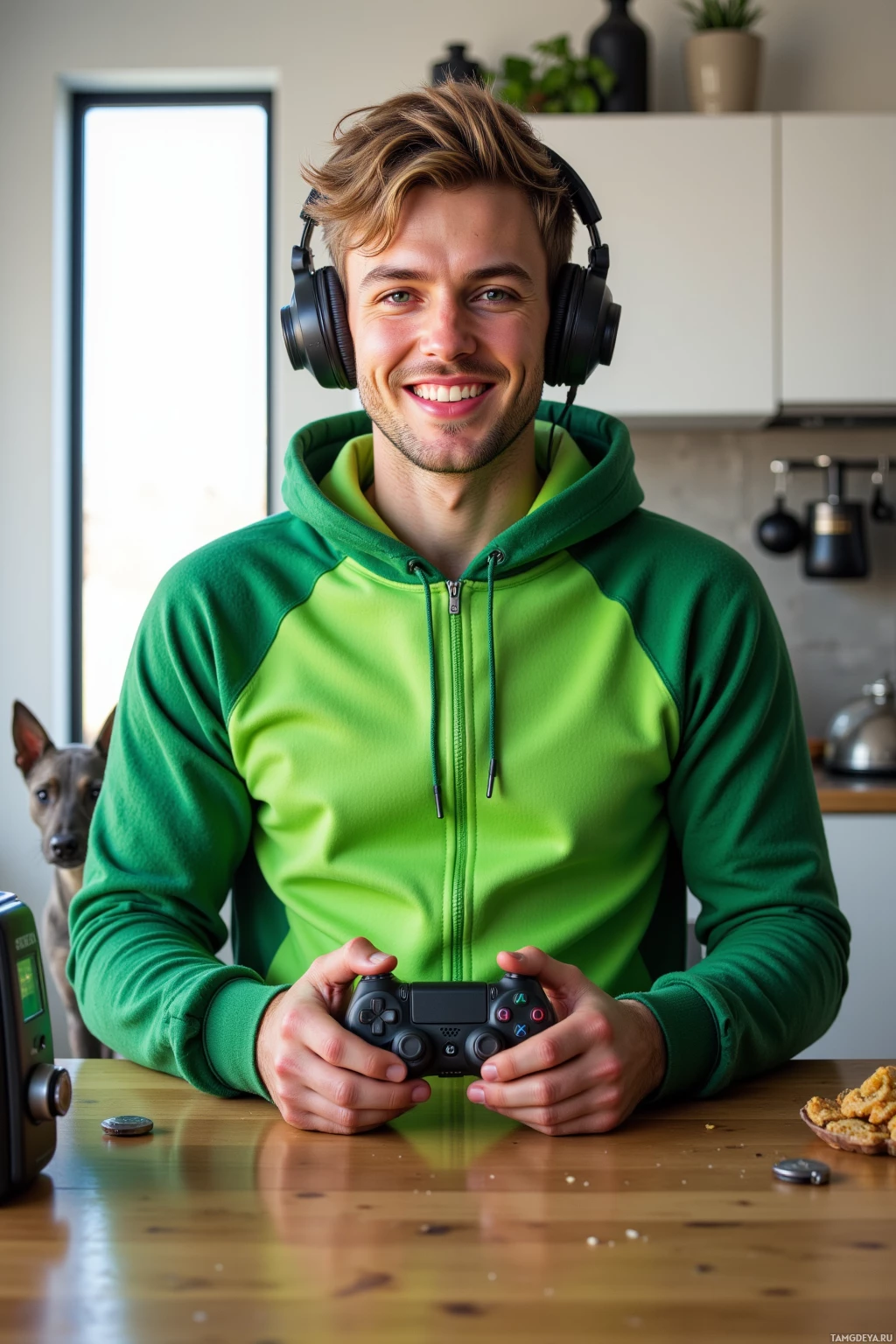 Человек в зеленом худи держит игровой контроллер и надел наушники, на заднем плане видна собака и кухня.