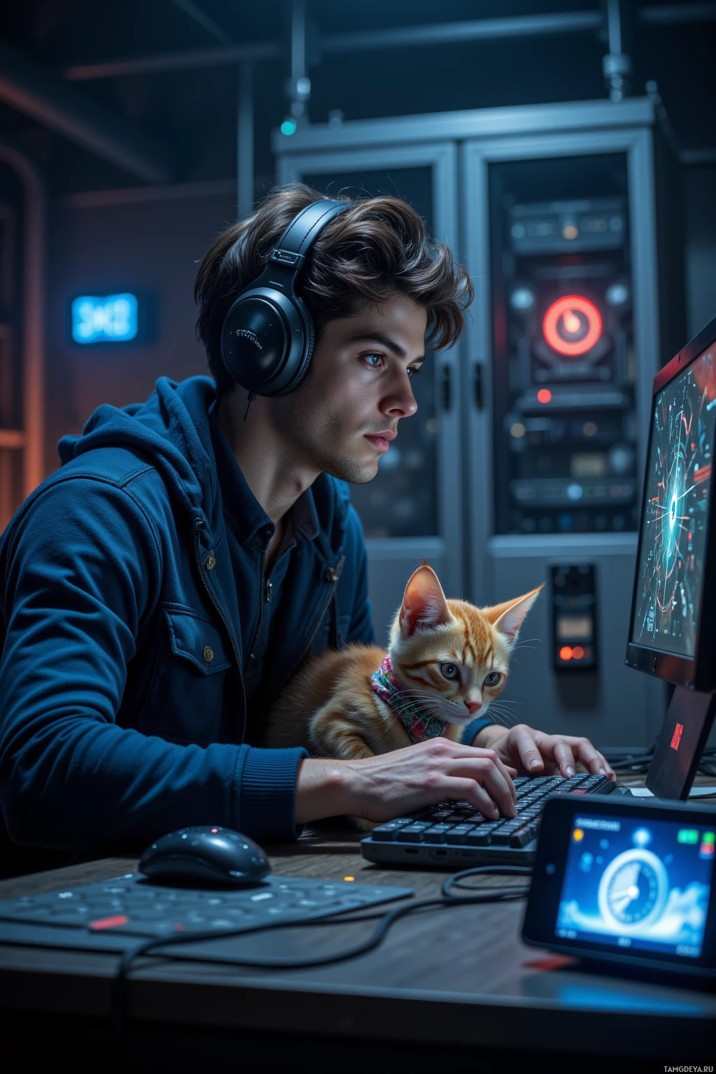 Человек в наушниках работает за компьютером, держа на руках котенка.