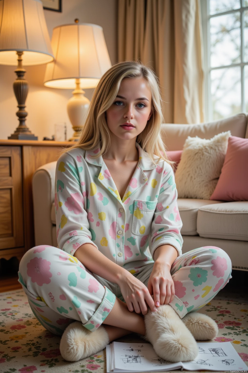 Человек в пижаме с цветочным принтом сидит, скрестив ноги, на ковре с узором, в уютной гостиной.