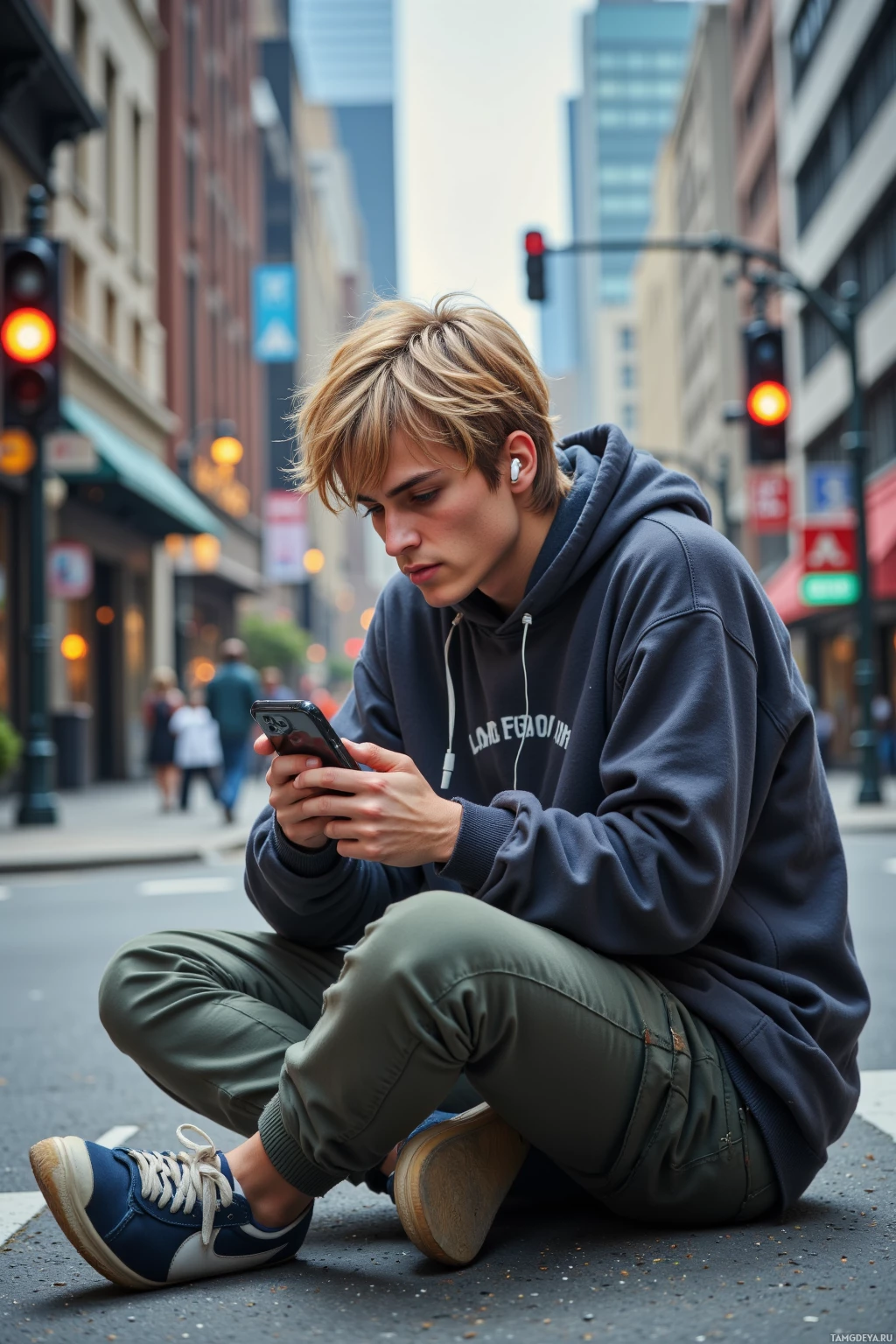 На городской улице сидит человек в толстовке и кроссовках, уткнувшись в телефон.