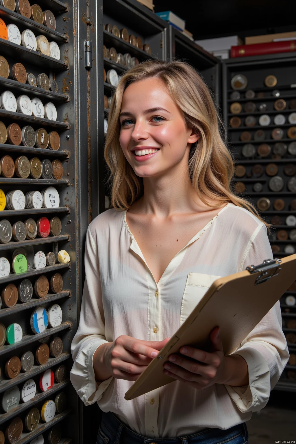 Женщина стоит перед полкой с монетами, держа в руках блокнот.