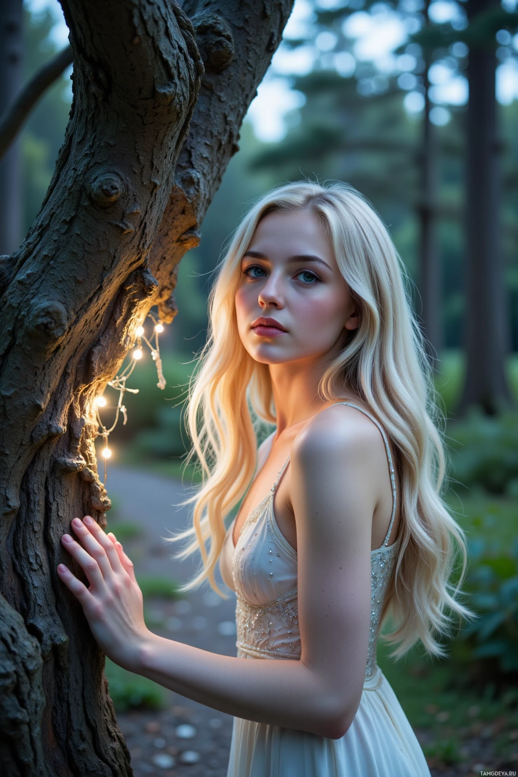 Женщина в белом платье прислонилась к дереву в лесу.