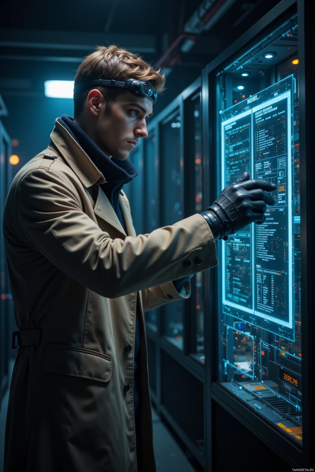 Человек в плаще и перчатках взаимодействует с футуристическим интерфейсом в полумраке.