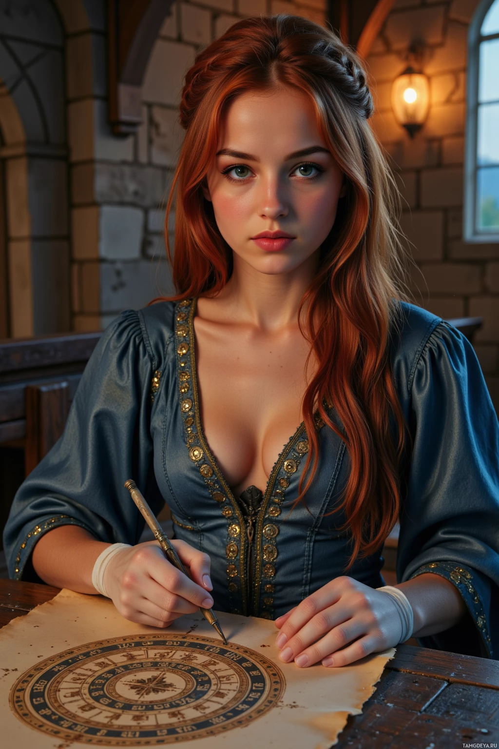 Женщина в платье в историческом стиле пишет гусиным пером на пергаменте.