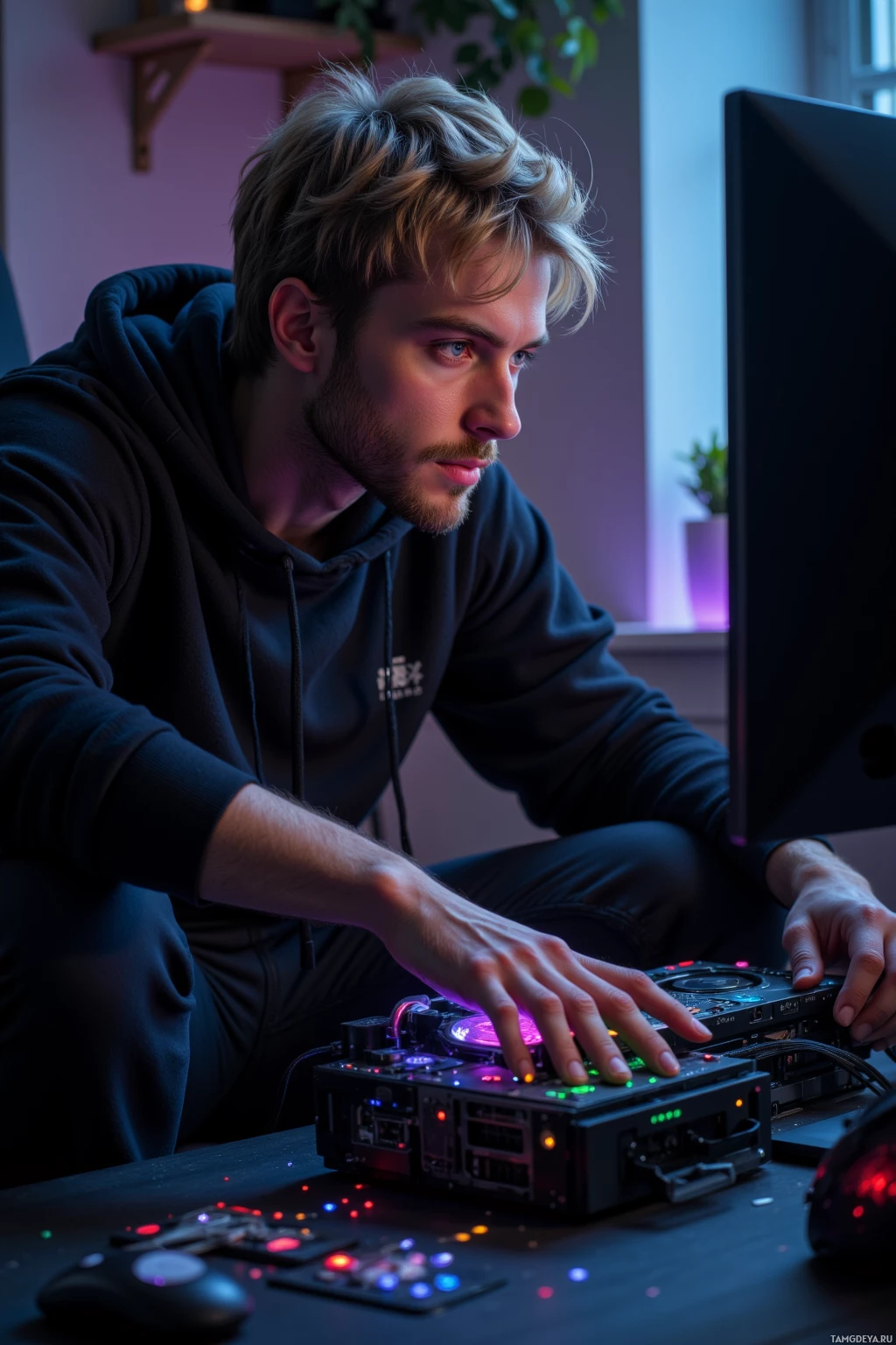 Realistic high quality photo. A 27‑year‑old man with short messy blonde hair and blue eyes, wearing a black hoodie and relaxed fit pants, hunched over a dimly lit home office desk, meticulously arranging cables around a high‑end GPU with subtle RGB glow while a monitor shows a black screen, evening ambient light, modern realism.