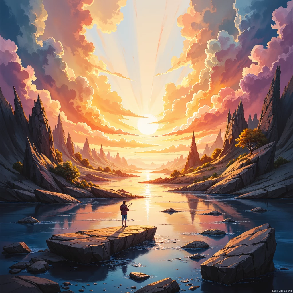 Semi-abstract image with many empty light space at center of beautiful background, that is suitable for the post:  Glass shards of dawn float like memories in a river of unseen thoughts.