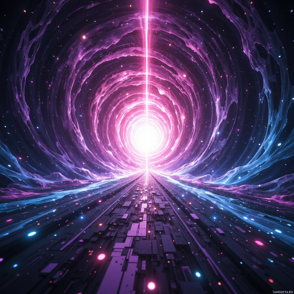 Яркий, футуристический туннель, залитый сияющим розовым и голубым светом, ведущий к яркому белому центру.