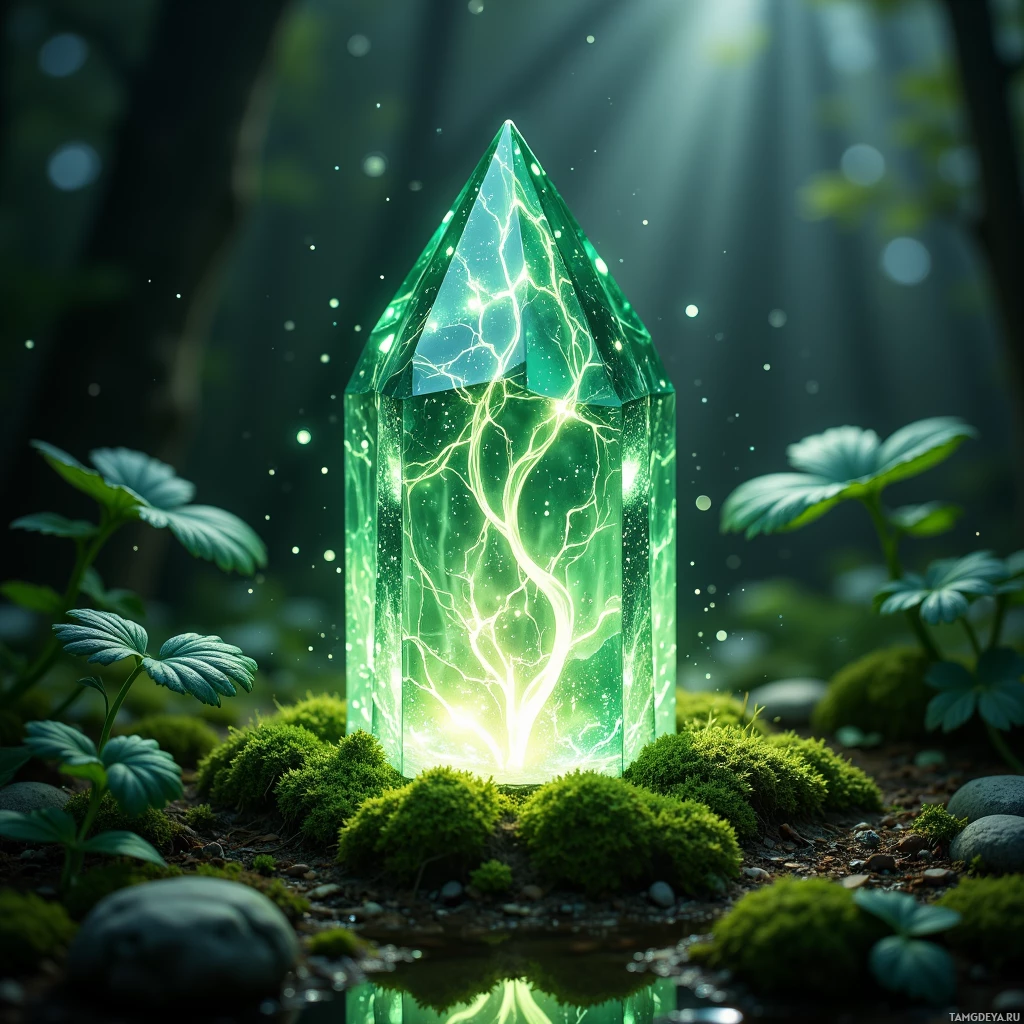 Semi-abstract image with many light, that is suitable for the post:  A silver‑green prism with smooth, faceted surfaces etched in tiny glowing runes that light up in pure air, emitting a faint ethereal glow that reflects subtle patterns of soil moisture and hidden pollinator paths.