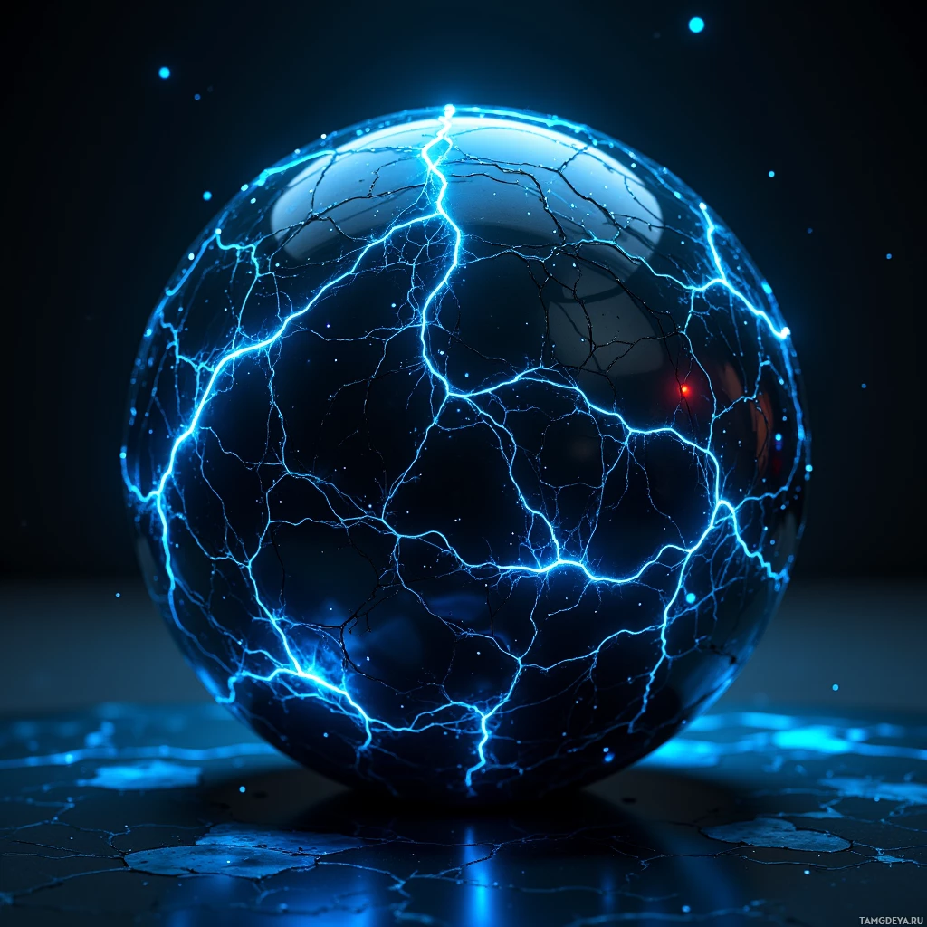 Сияющий голубой шар с замысловатыми узорами молний на тёмном фоне.